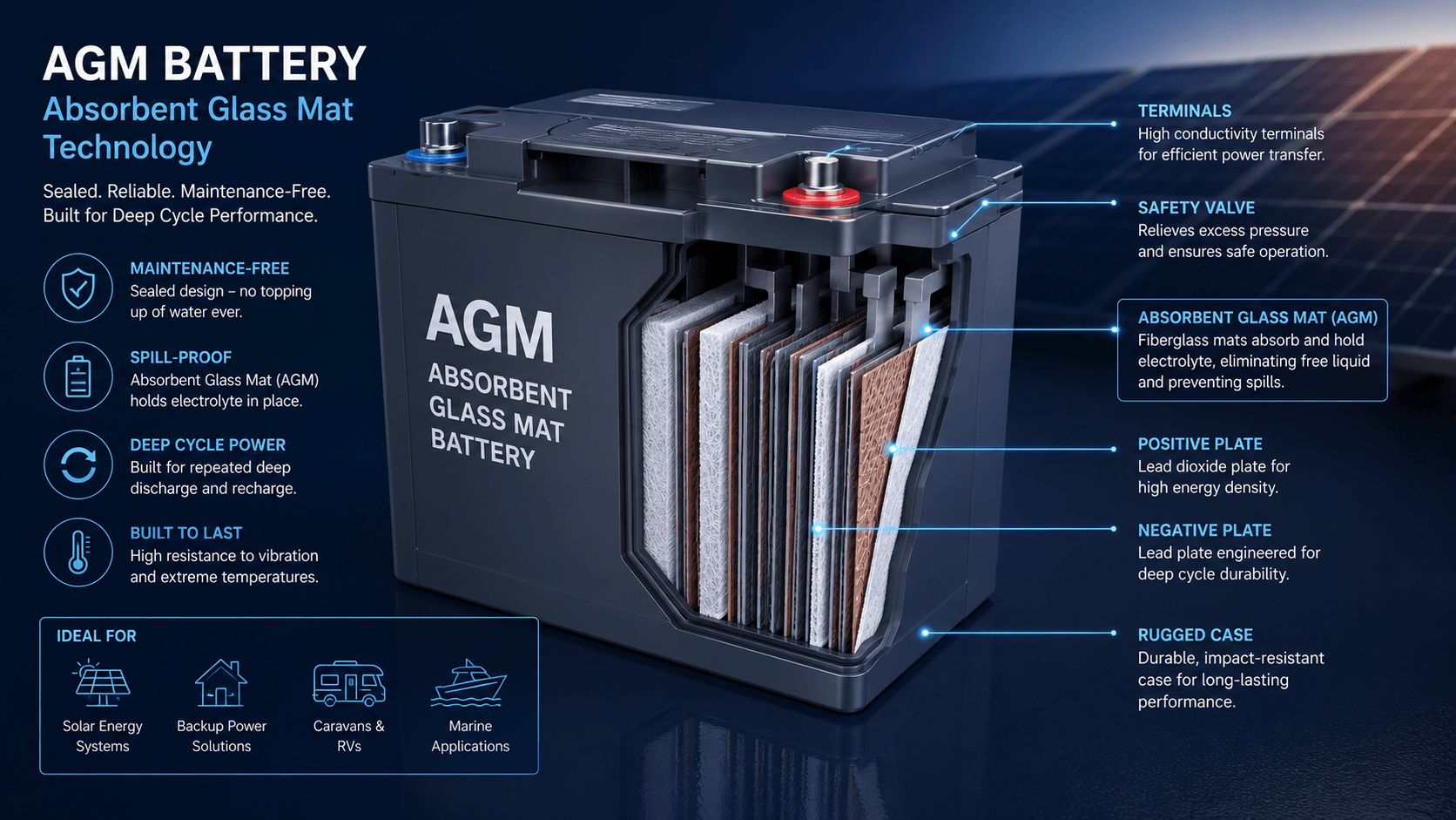 Absorbent Glass Mat (AGM) battery cutaway diagram showing fibreglass mats, lead plates, terminals and sealed case