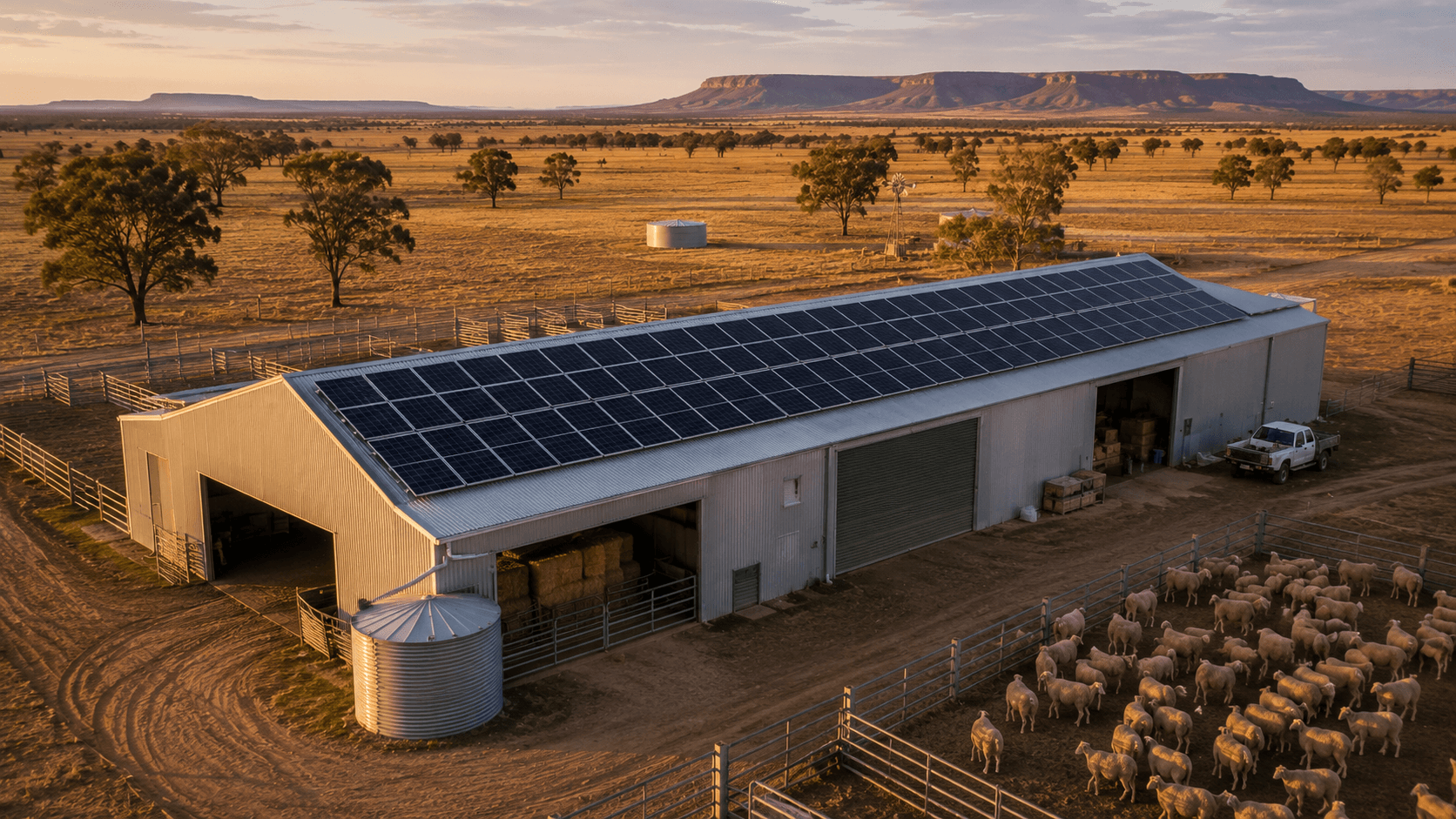 Large rural shearing shed with full rooftop solar array, sheep yards in the foreground and open outback paddocks at sunset