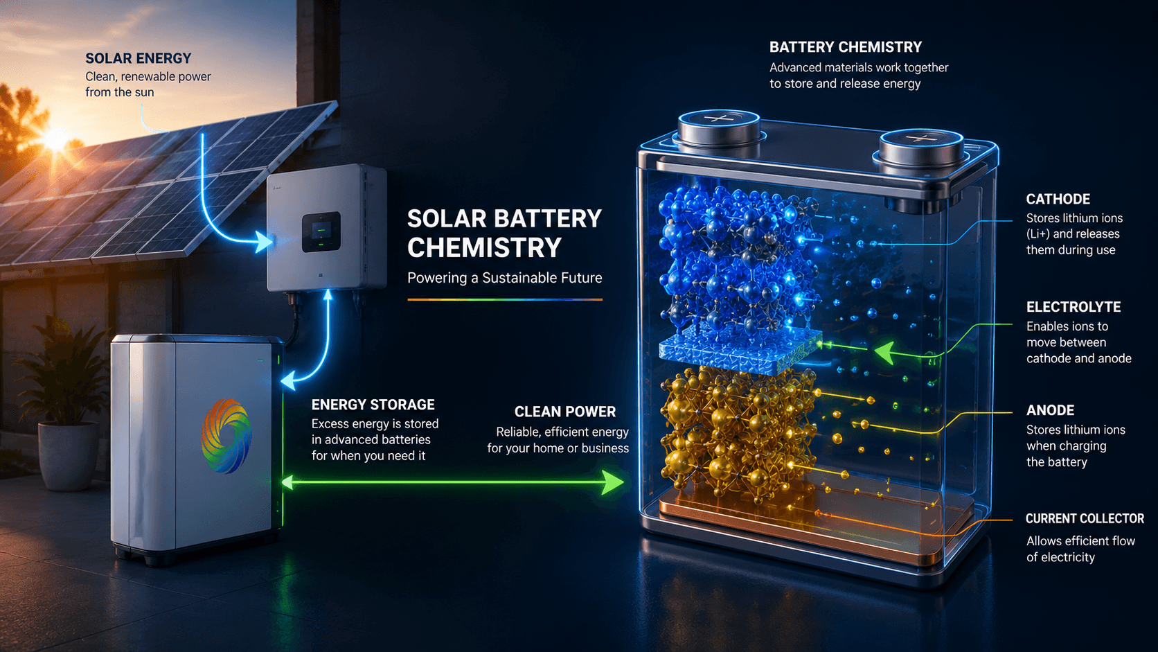 Solar battery chemistry diagram showing solar panels, inverter, home battery and a labelled lithium battery cell with cathode, electrolyte, anode and current collector