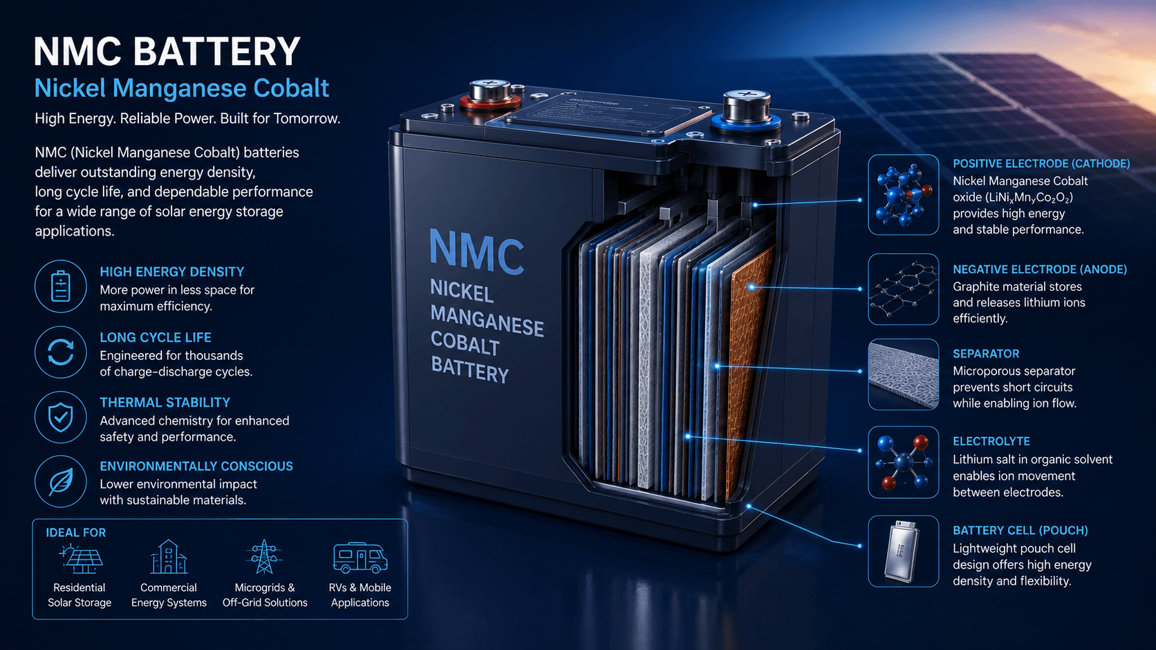 Nickel Manganese Cobalt (NMC) battery cutaway infographic showing cathode, anode, separator, electrolyte and pouch cell with key benefits