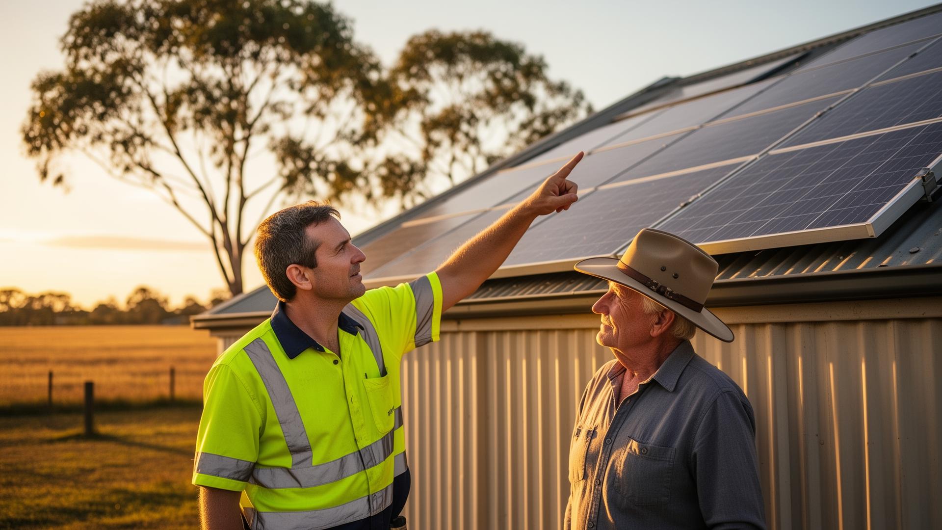 Solar technician and property owner reviewing rooftop solar panels on an Australian rural home
